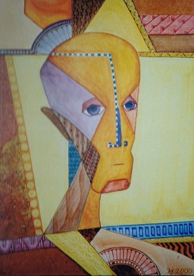 Acrylbild eine kahlen Männerkopfes  mit geometrischem Schmuck